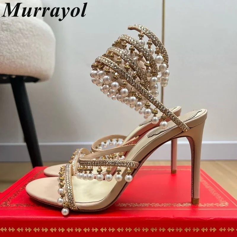 Ankle Snake Shaped Strap Gladiaror Sandals Women Rhinestone Tassels Decor Thin High Heels Sandalias Summer Party Dress Shoes