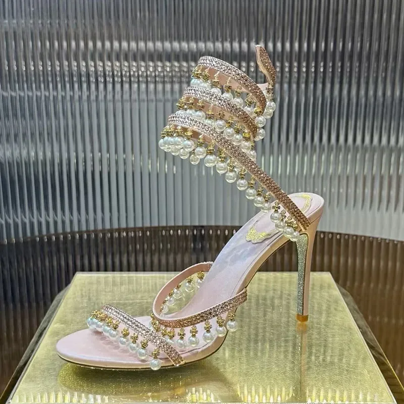 Ankle Snake Shaped Strap Gladiaror Sandals Women Rhinestone Tassels Decor Thin High Heels Sandalias Summer Party Dress Shoes