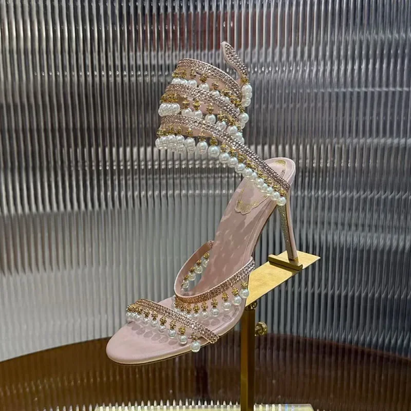 Ankle Snake Shaped Strap Gladiaror Sandals Women Rhinestone Tassels Decor Thin High Heels Sandalias Summer Party Dress Shoes