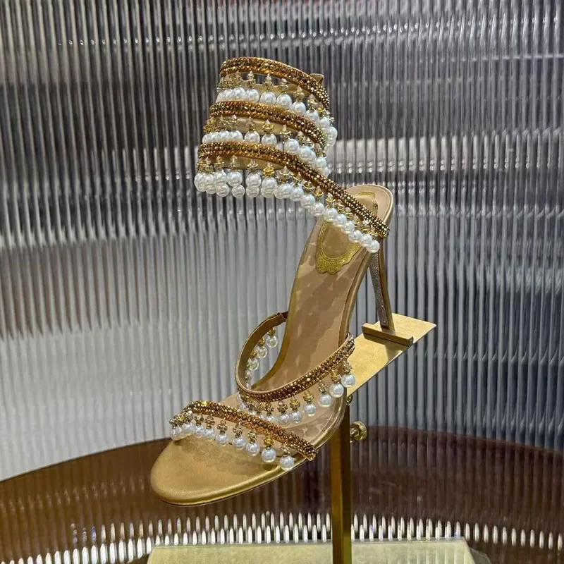 Ankle Snake Shaped Strap Gladiaror Sandals Women Rhinestone Tassels Decor Thin High Heels Sandalias Summer Party Dress Shoes