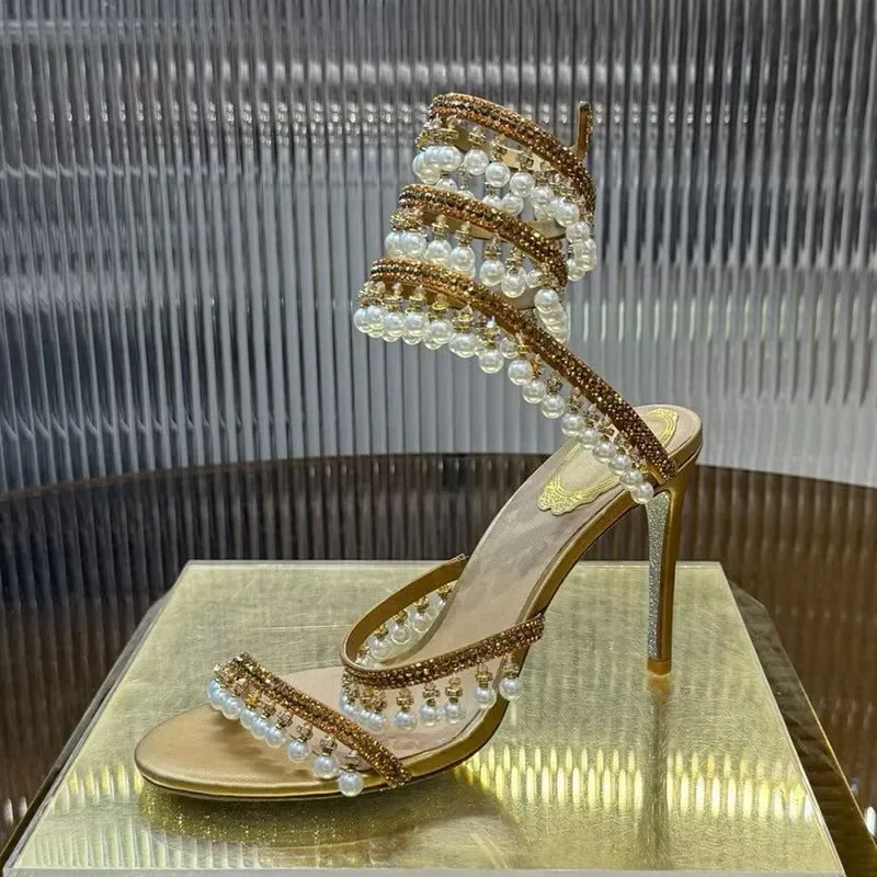 Ankle Snake Shaped Strap Gladiaror Sandals Women Rhinestone Tassels Decor Thin High Heels Sandalias Summer Party Dress Shoes