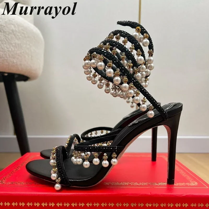 Ankle Snake Shaped Strap Gladiaror Sandals Women Rhinestone Tassels Decor Thin High Heels Sandalias Summer Party Dress Shoes