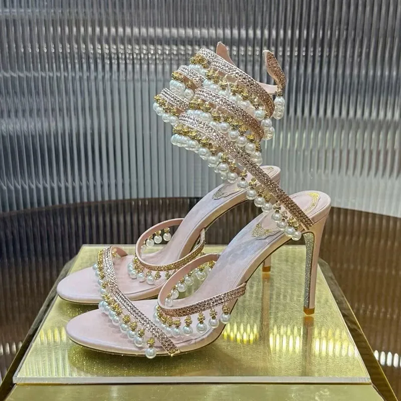 Ankle Snake Shaped Strap Gladiaror Sandals Women Rhinestone Tassels Decor Thin High Heels Sandalias Summer Party Dress Shoes