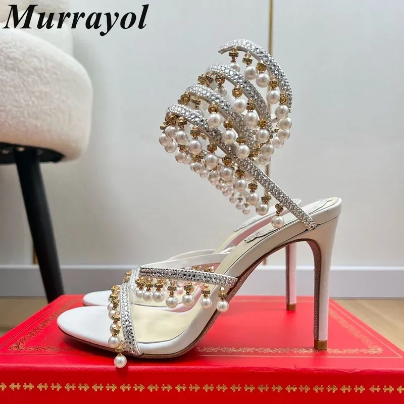 Ankle Snake Shaped Strap Gladiaror Sandals Women Rhinestone Tassels Decor Thin High Heels Sandalias Summer Party Dress Shoes