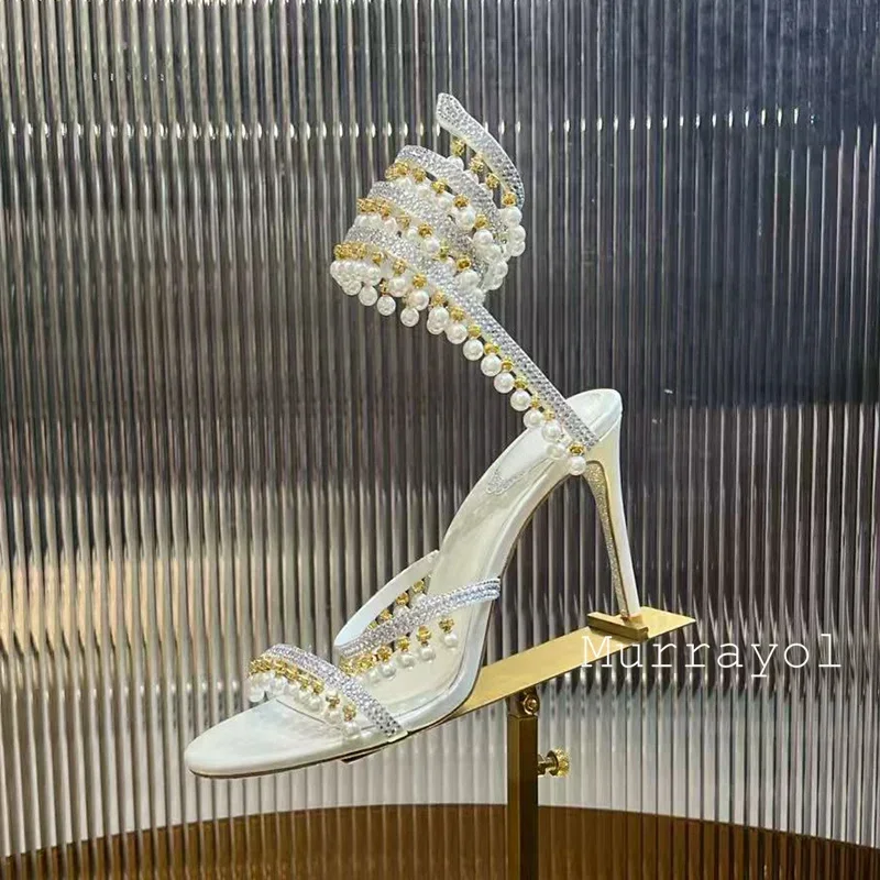 Ankle Snake Shaped Strap Gladiaror Sandals Women Rhinestone Tassels Decor Thin High Heels Sandalias Summer Party Dress Shoes