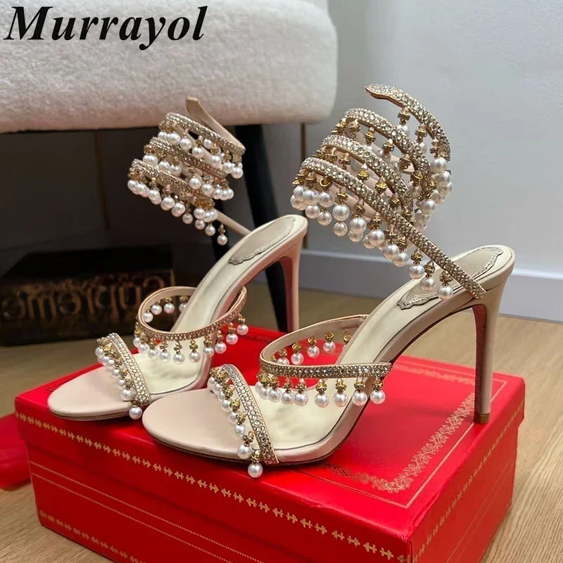 Ankle Snake Shaped Strap Gladiaror Sandals Women Rhinestone Tassels Decor Thin High Heels Sandalias Summer Party Dress Shoes