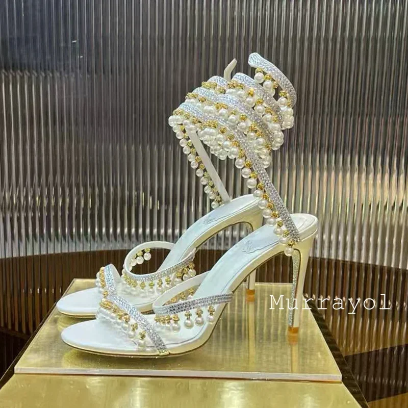 Ankle Snake Shaped Strap Gladiaror Sandals Women Rhinestone Tassels Decor Thin High Heels Sandalias Summer Party Dress Shoes