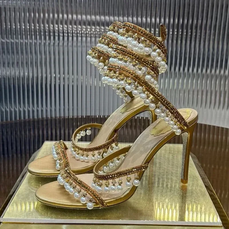 Ankle Snake Shaped Strap Gladiaror Sandals Women Rhinestone Tassels Decor Thin High Heels Sandalias Summer Party Dress Shoes