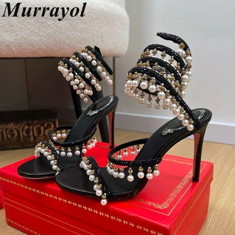 Ankle Snake Shaped Strap Gladiaror Sandals Women Rhinestone Tassels Decor Thin High Heels Sandalias Summer Party Dress Shoes