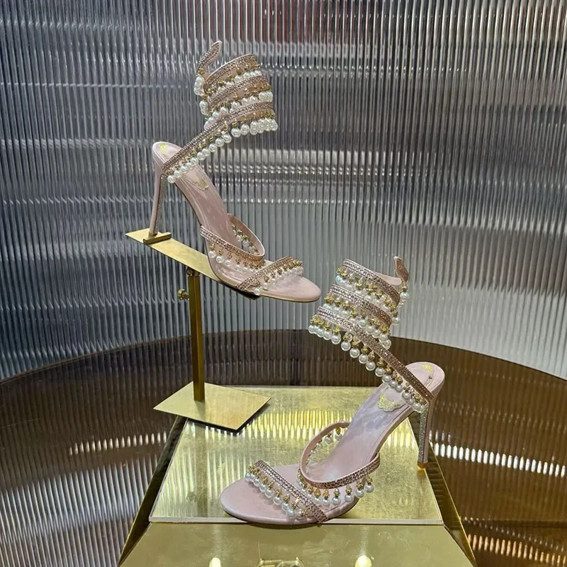 Ankle Snake Shaped Strap Gladiaror Sandals Women Rhinestone Tassels Decor Thin High Heels Sandalias Summer Party Dress Shoes