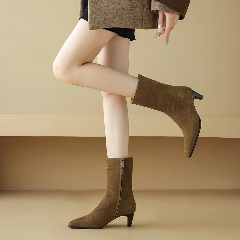 2025 New Trend Autumn Winter Cow Suede Women Mid Calf Boots Green Chocolate Ladies High Chunky Heels Side Zipper Square Toe Boot