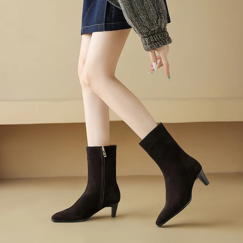 2025 New Trend Autumn Winter Cow Suede Women Mid Calf Boots Green Chocolate Ladies High Chunky Heels Side Zipper Square Toe Boot