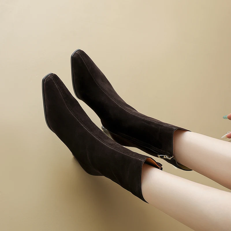 2025 New Trend Autumn Winter Cow Suede Women Mid Calf Boots Green Chocolate Ladies High Chunky Heels Side Zipper Square Toe Boot