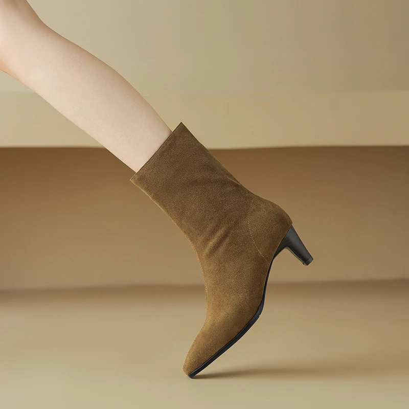 2025 New Trend Autumn Winter Cow Suede Women Mid Calf Boots Green Chocolate Ladies High Chunky Heels Side Zipper Square Toe Boot
