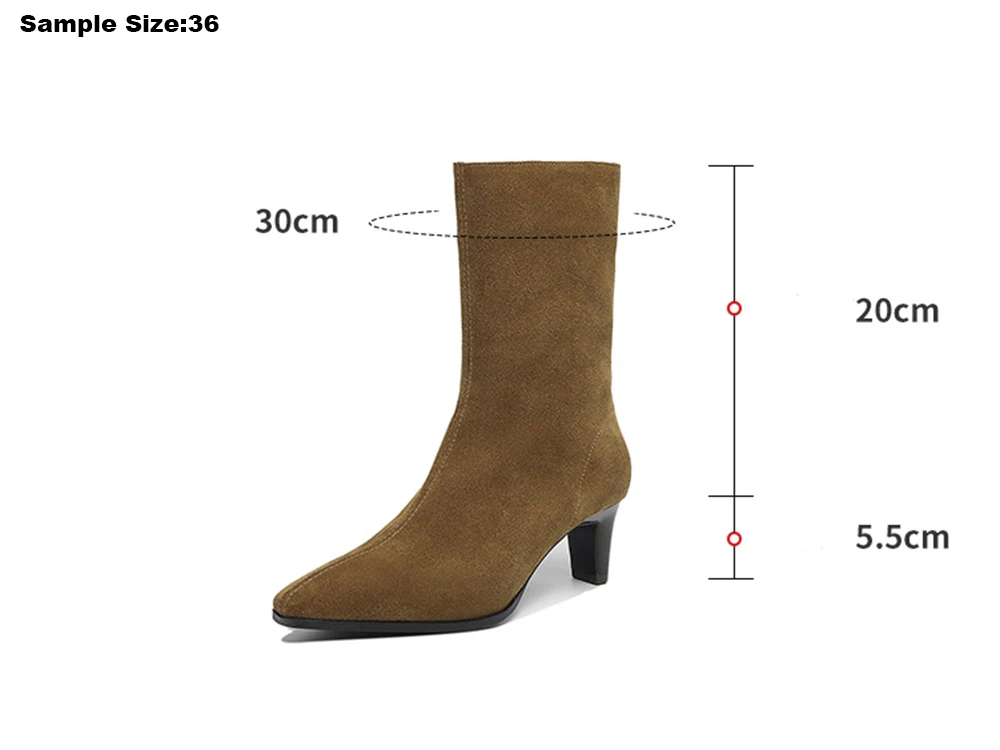 2025 New Trend Autumn Winter Cow Suede Women Mid Calf Boots Green Chocolate Ladies High Chunky Heels Side Zipper Square Toe Boot