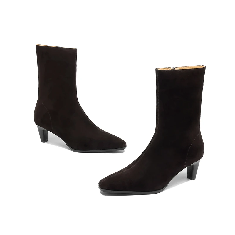 2025 New Trend Autumn Winter Cow Suede Women Mid Calf Boots Green Chocolate Ladies High Chunky Heels Side Zipper Square Toe Boot