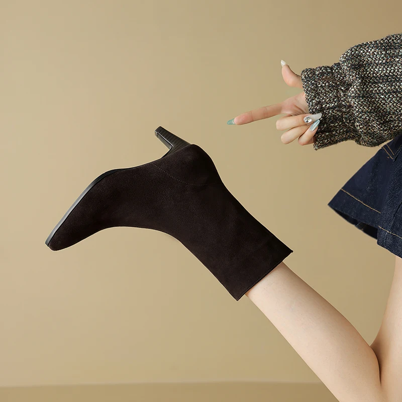2025 New Trend Autumn Winter Cow Suede Women Mid Calf Boots Green Chocolate Ladies High Chunky Heels Side Zipper Square Toe Boot