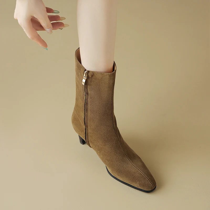 2025 New Trend Autumn Winter Cow Suede Women Mid Calf Boots Green Chocolate Ladies High Chunky Heels Side Zipper Square Toe Boot