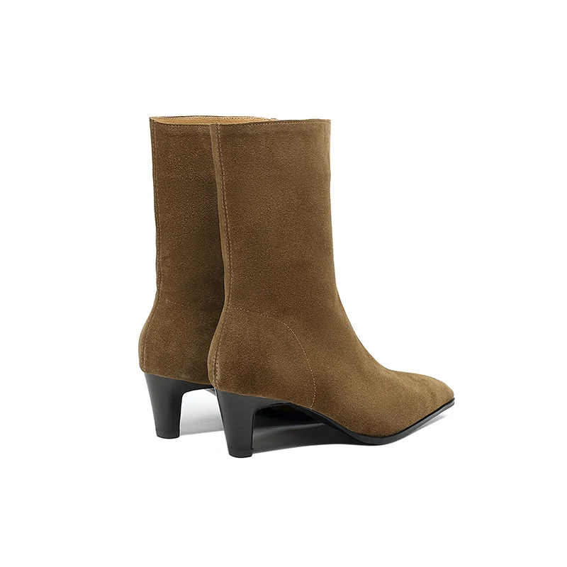 2025 New Trend Autumn Winter Cow Suede Women Mid Calf Boots Green Chocolate Ladies High Chunky Heels Side Zipper Square Toe Boot
