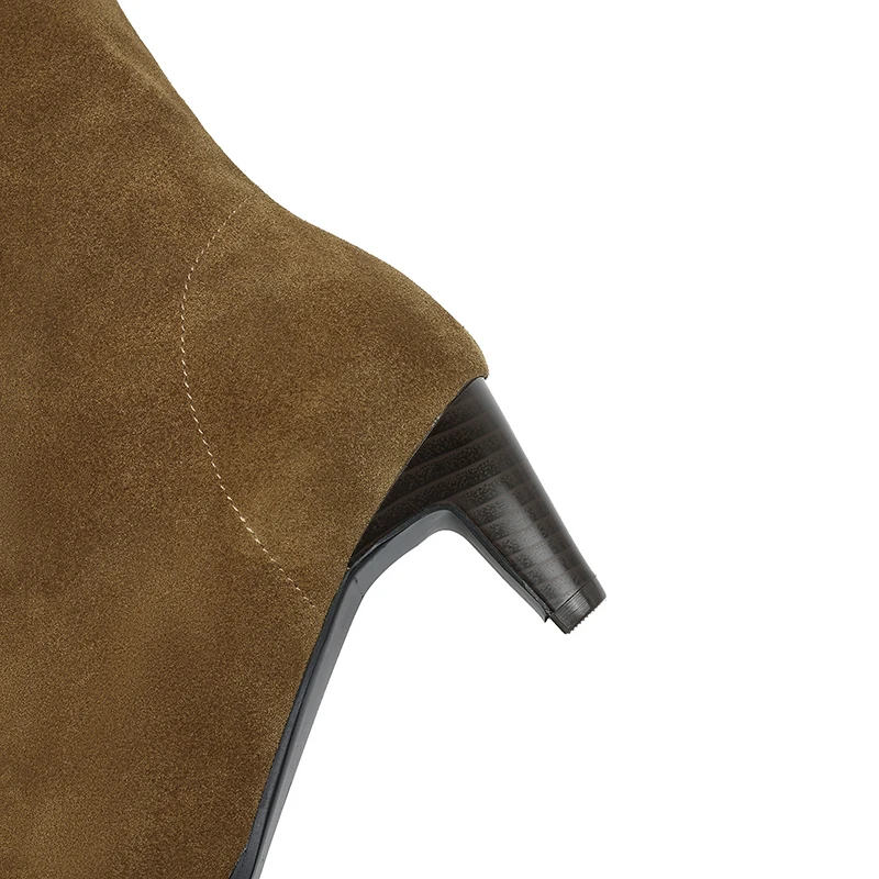 2025 New Trend Autumn Winter Cow Suede Women Mid Calf Boots Green Chocolate Ladies High Chunky Heels Side Zipper Square Toe Boot