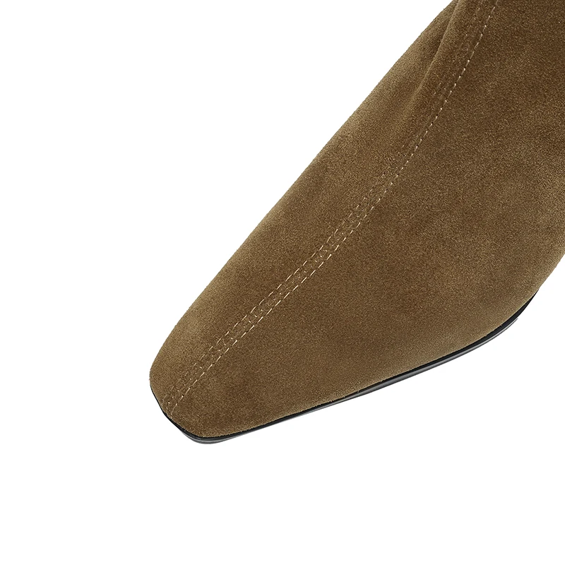 2025 New Trend Autumn Winter Cow Suede Women Mid Calf Boots Green Chocolate Ladies High Chunky Heels Side Zipper Square Toe Boot