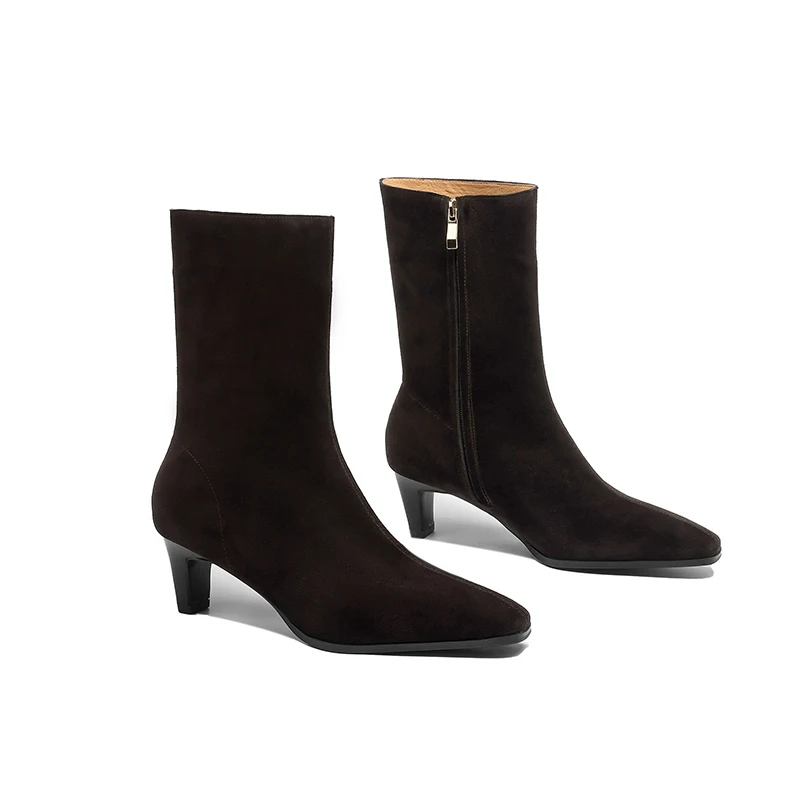 2025 New Trend Autumn Winter Cow Suede Women Mid Calf Boots Green Chocolate Ladies High Chunky Heels Side Zipper Square Toe Boot