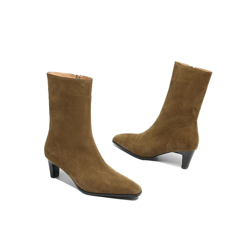 2025 New Trend Autumn Winter Cow Suede Women Mid Calf Boots Green Chocolate Ladies High Chunky Heels Side Zipper Square Toe Boot