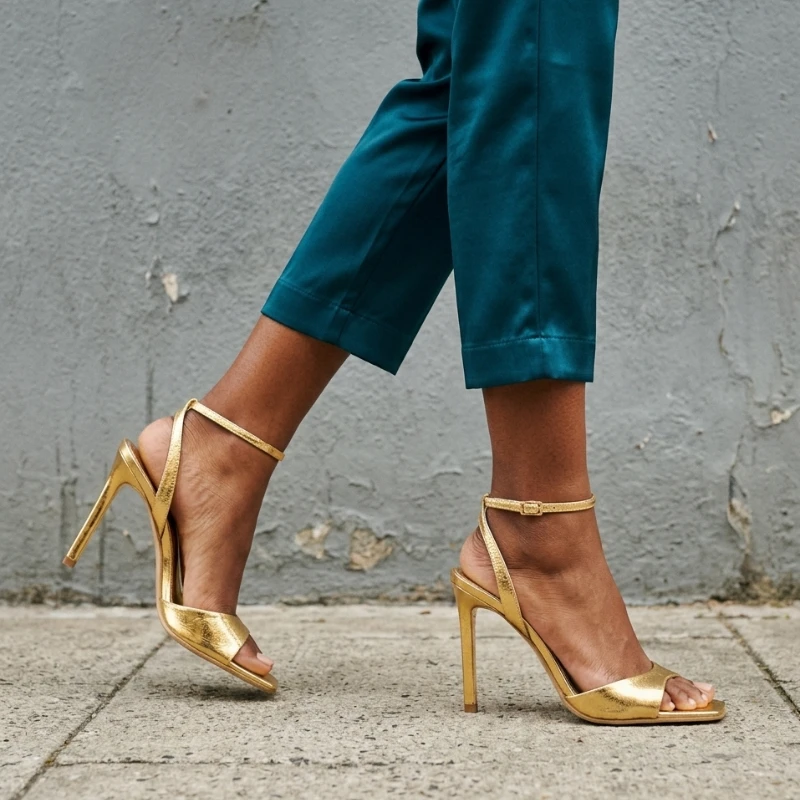 Women Gold High Heels Sandals Square Toe Ankle Strap Pumps Sexy Party Wedding Shoes Fashion Metallic Heeled Sandals Summer