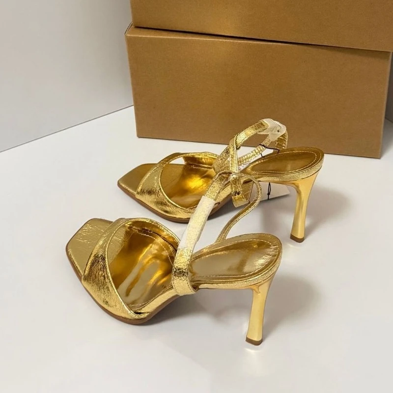 Women Gold High Heels Sandals Square Toe Ankle Strap Pumps Sexy Party Wedding Shoes Fashion Metallic Heeled Sandals Summer