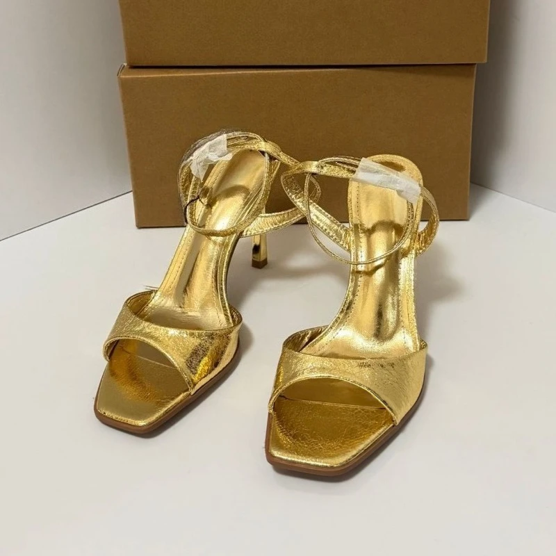Women Gold High Heels Sandals Square Toe Ankle Strap Pumps Sexy Party Wedding Shoes Fashion Metallic Heeled Sandals Summer