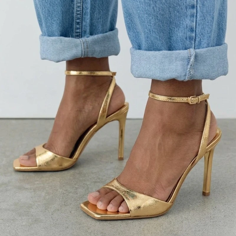 Women Gold High Heels Sandals Square Toe Ankle Strap Pumps Sexy Party Wedding Shoes Fashion Metallic Heeled Sandals Summer
