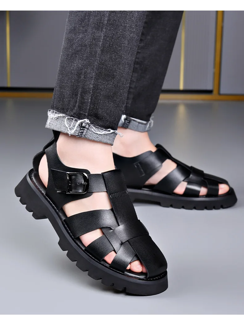 2026 Summer Gladiator Sandals New Breathable Casual Men Genuine Leather Sandals Hollow Beach Shoes Men Black Sizes 38-48 sandals