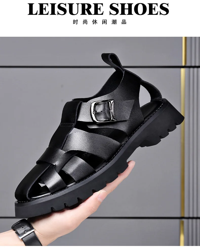 2026 Summer Gladiator Sandals New Breathable Casual Men Genuine Leather Sandals Hollow Beach Shoes Men Black Sizes 38-48 sandals