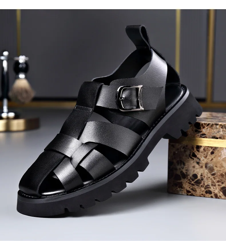 2026 Summer Gladiator Sandals New Breathable Casual Men Genuine Leather Sandals Hollow Beach Shoes Men Black Sizes 38-48 sandals