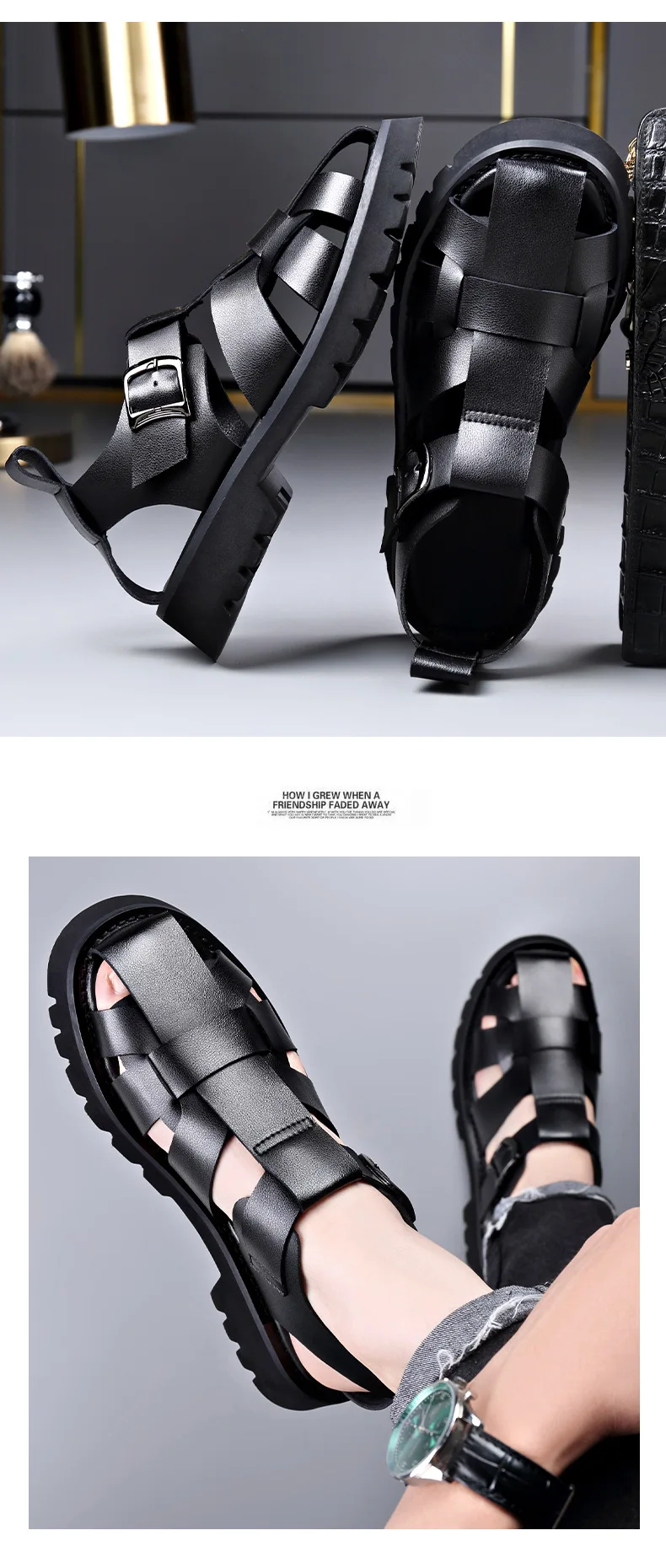 2026 Summer Gladiator Sandals New Breathable Casual Men Genuine Leather Sandals Hollow Beach Shoes Men Black Sizes 38-48 sandals