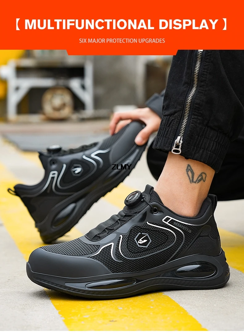 Waterproof Men Safety Shoes Steel Toe Sneakers Rotated Button Puncture Proof Work Safety Boots Man Air Cushion Working Footwear