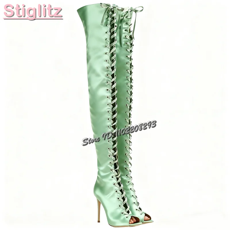 Champagne Peep Toe Stiletto Sandals Boots Satin Silk Cross-tied Over-the Knee Boots 2025 Autumn New Fashion Women Elegant Shoes