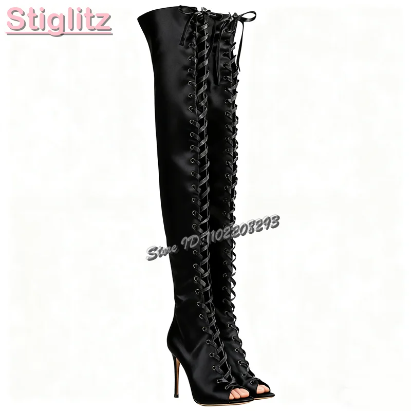 Champagne Peep Toe Stiletto Sandals Boots Satin Silk Cross-tied Over-the Knee Boots 2025 Autumn New Fashion Women Elegant Shoes