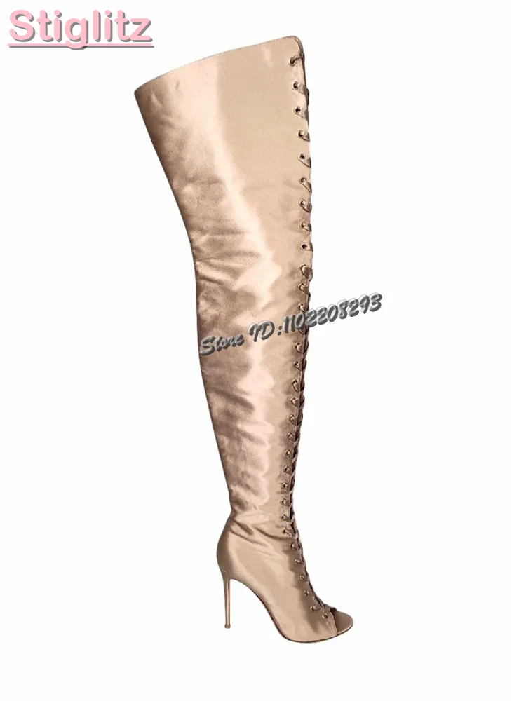 Champagne Peep Toe Stiletto Sandals Boots Satin Silk Cross-tied Over-the Knee Boots 2025 Autumn New Fashion Women Elegant Shoes