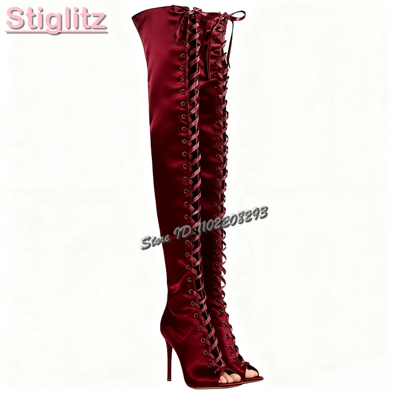 Champagne Peep Toe Stiletto Sandals Boots Satin Silk Cross-tied Over-the Knee Boots 2025 Autumn New Fashion Women Elegant Shoes
