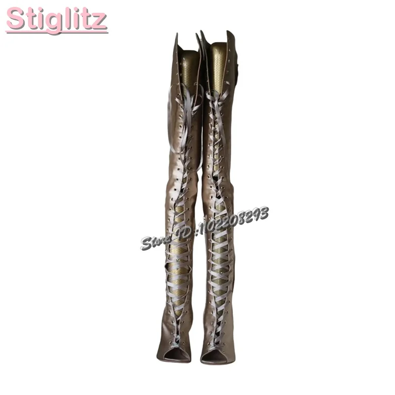 Champagne Peep Toe Stiletto Sandals Boots Satin Silk Cross-tied Over-the Knee Boots 2025 Autumn New Fashion Women Elegant Shoes