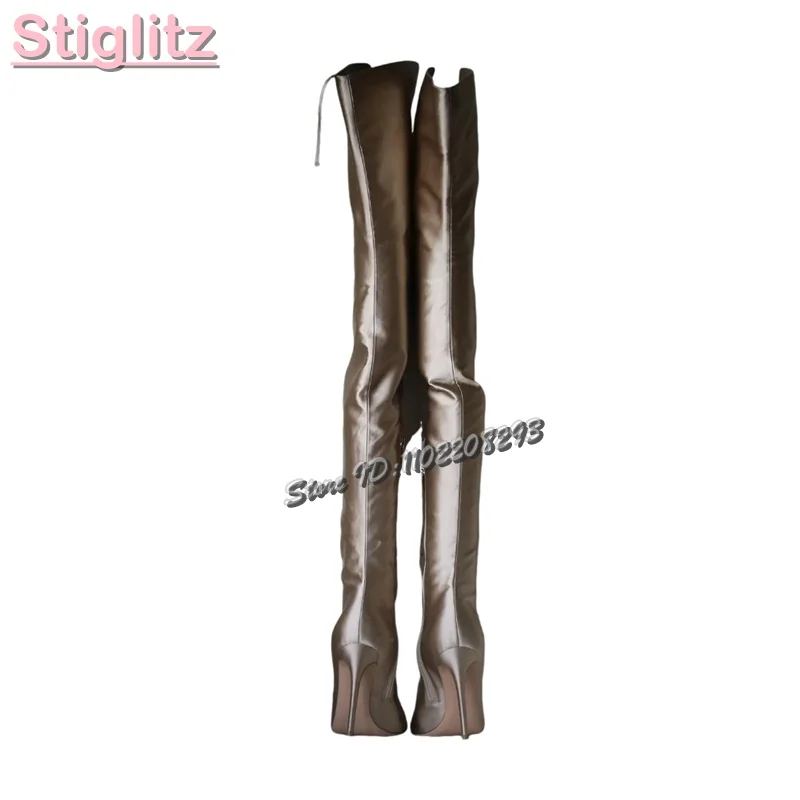 Champagne Peep Toe Stiletto Sandals Boots Satin Silk Cross-tied Over-the Knee Boots 2025 Autumn New Fashion Women Elegant Shoes