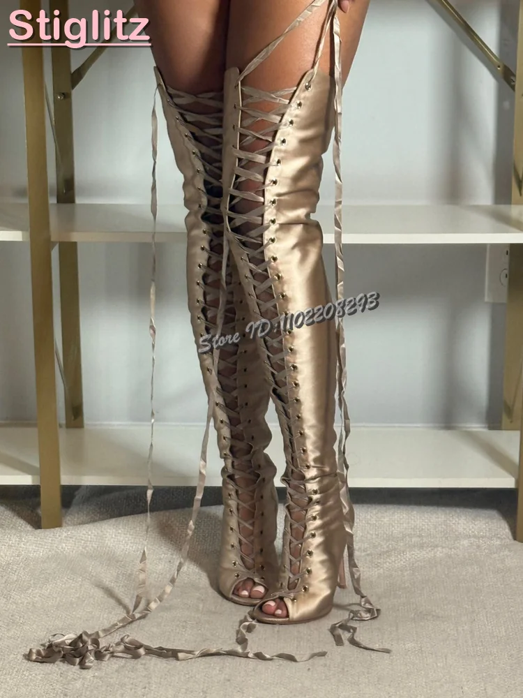 Champagne Peep Toe Stiletto Sandals Boots Satin Silk Cross-tied Over-the Knee Boots 2025 Autumn New Fashion Women Elegant Shoes