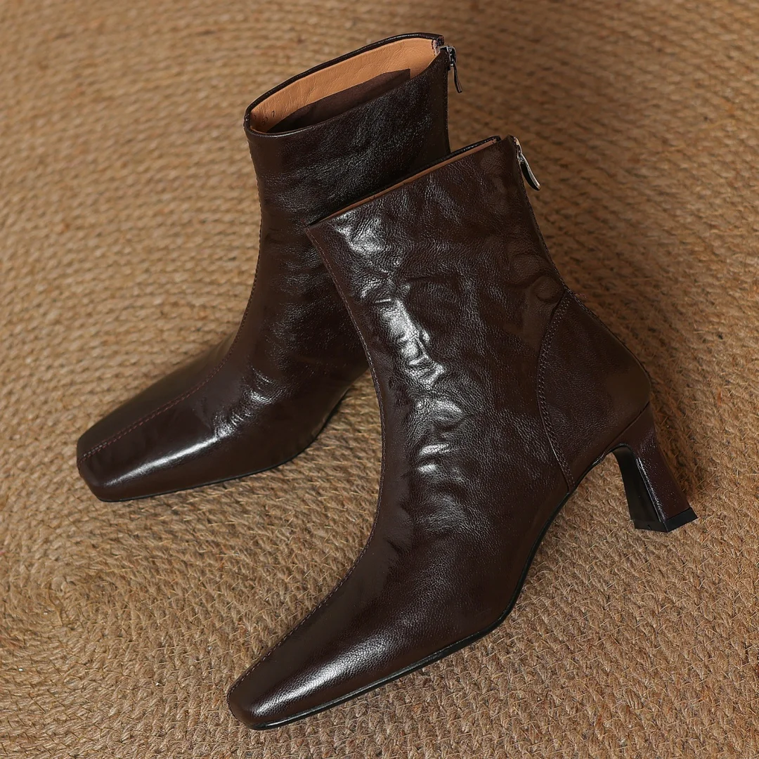 Women's sheepskin square toe 5.5cm thin high heel back zip autumn ankle boots elegant ladies slim daily dress short booties shoe