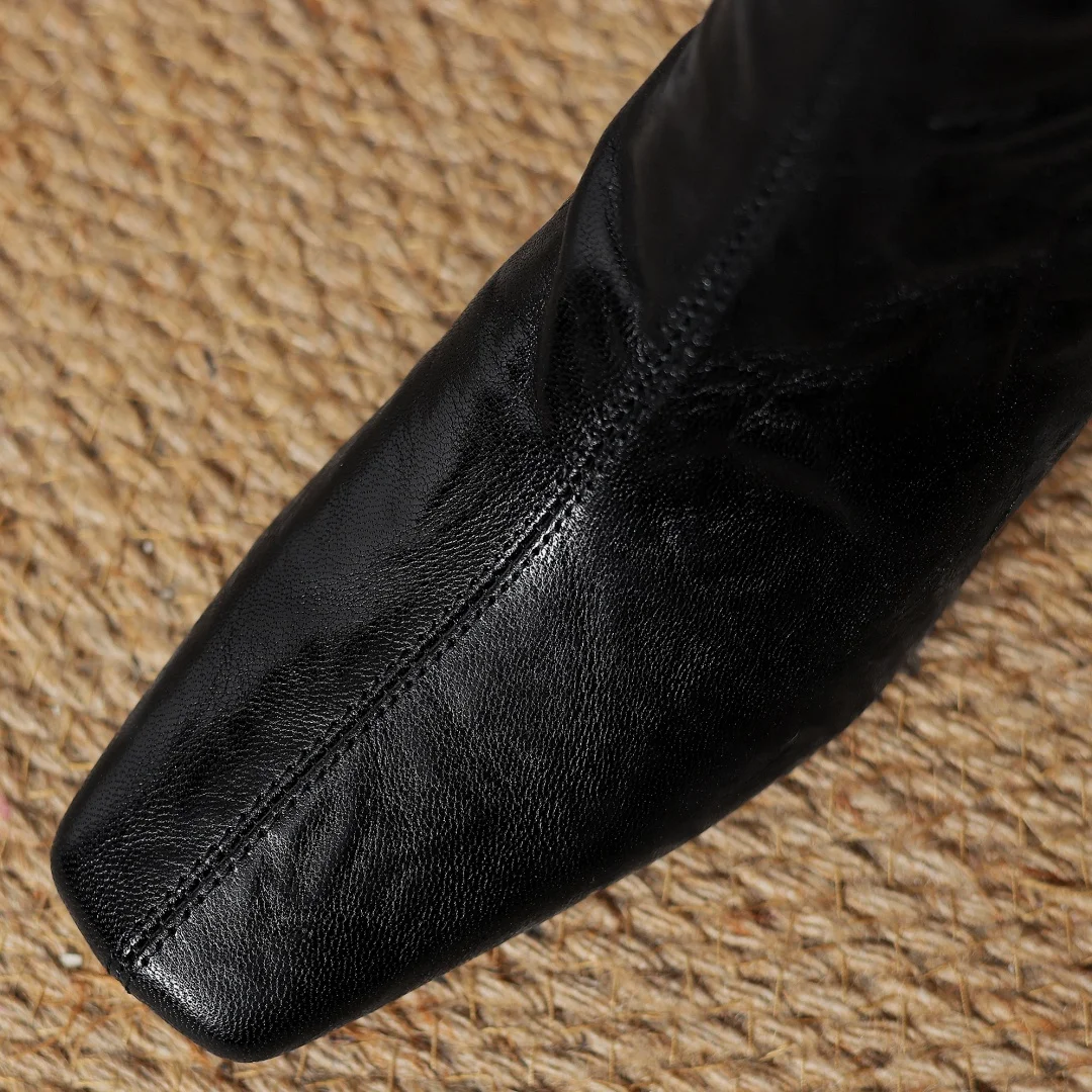 Women's sheepskin square toe 5.5cm thin high heel back zip autumn ankle boots elegant ladies slim daily dress short booties shoe