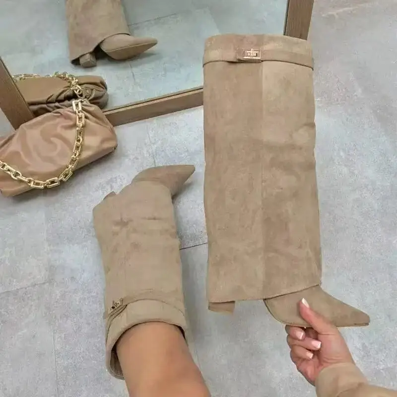 2026 Autumn/Winter New Extended Edition Pointed Ultra High Thick Bottom Metal Buckle Side Zipper Fashion Boots Size 34-48