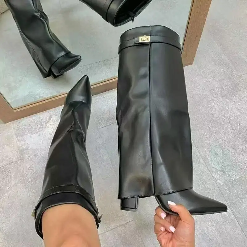 2026 Autumn/Winter New Extended Edition Pointed Ultra High Thick Bottom Metal Buckle Side Zipper Fashion Boots Size 34-48