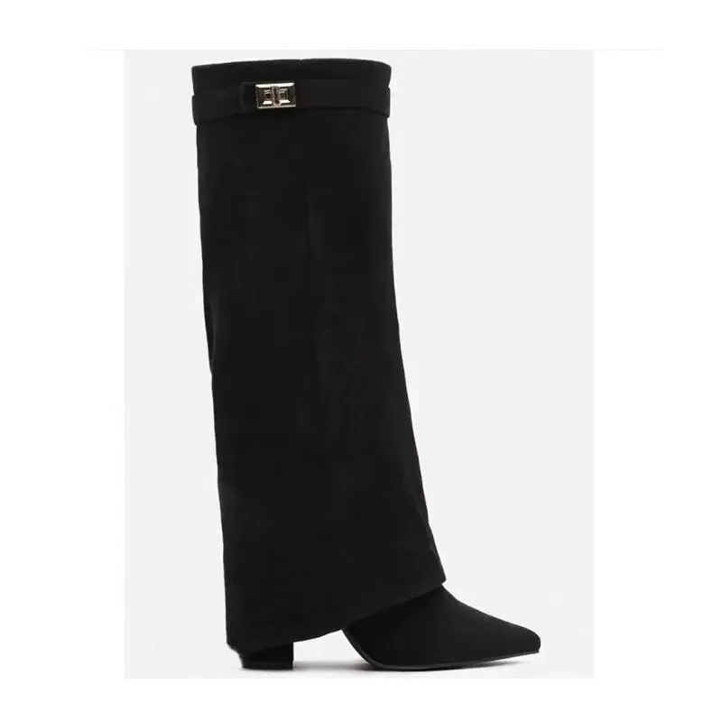 2026 Autumn/Winter New Extended Edition Pointed Ultra High Thick Bottom Metal Buckle Side Zipper Fashion Boots Size 34-48