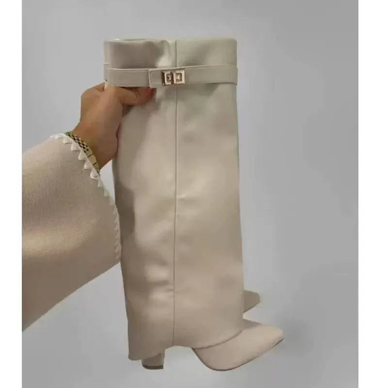 2026 Autumn/Winter New Extended Edition Pointed Ultra High Thick Bottom Metal Buckle Side Zipper Fashion Boots Size 34-48