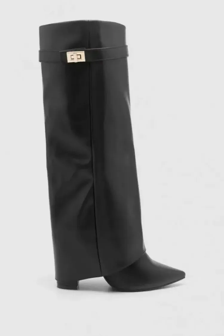 2026 Autumn/Winter New Extended Edition Pointed Ultra High Thick Bottom Metal Buckle Side Zipper Fashion Boots Size 34-48